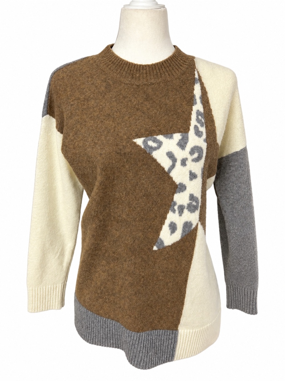 Staccato XS Star Leopard Colorblock Sweater Brown Cream Gray Cozy Knit